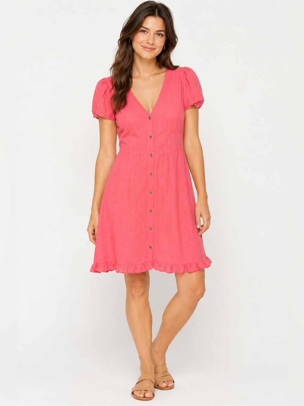 Loft Short Sleeve Button Down Mini Dress Women 14 Coral V-neck Ruffle Hem
